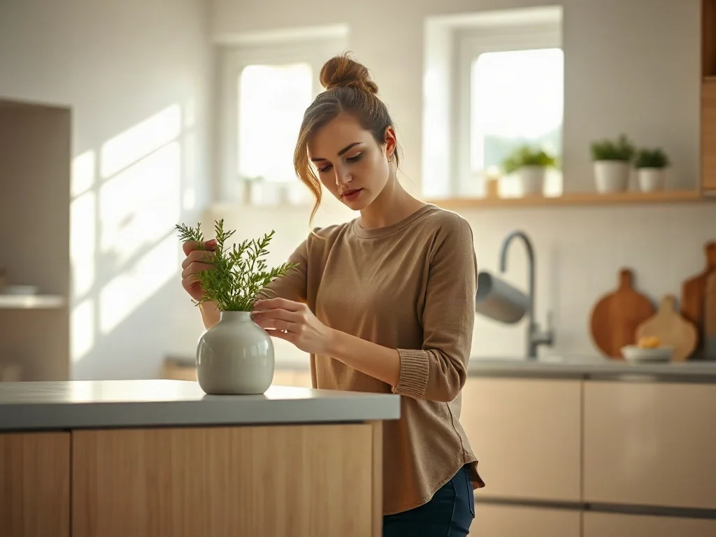 Kobieta dekoruje górną szafkę kuchenną wazonem i rośliną, tworząc przytulną aranżację w jasnej, nowoczesnej kuchni.