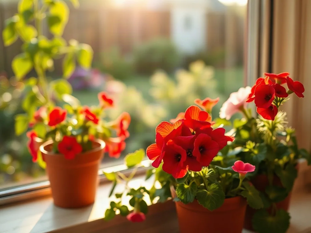 Pelargonie i petunie w terakotowych donicach na słonecznym parapecie, idealne do nasłonecznionych miejsc.